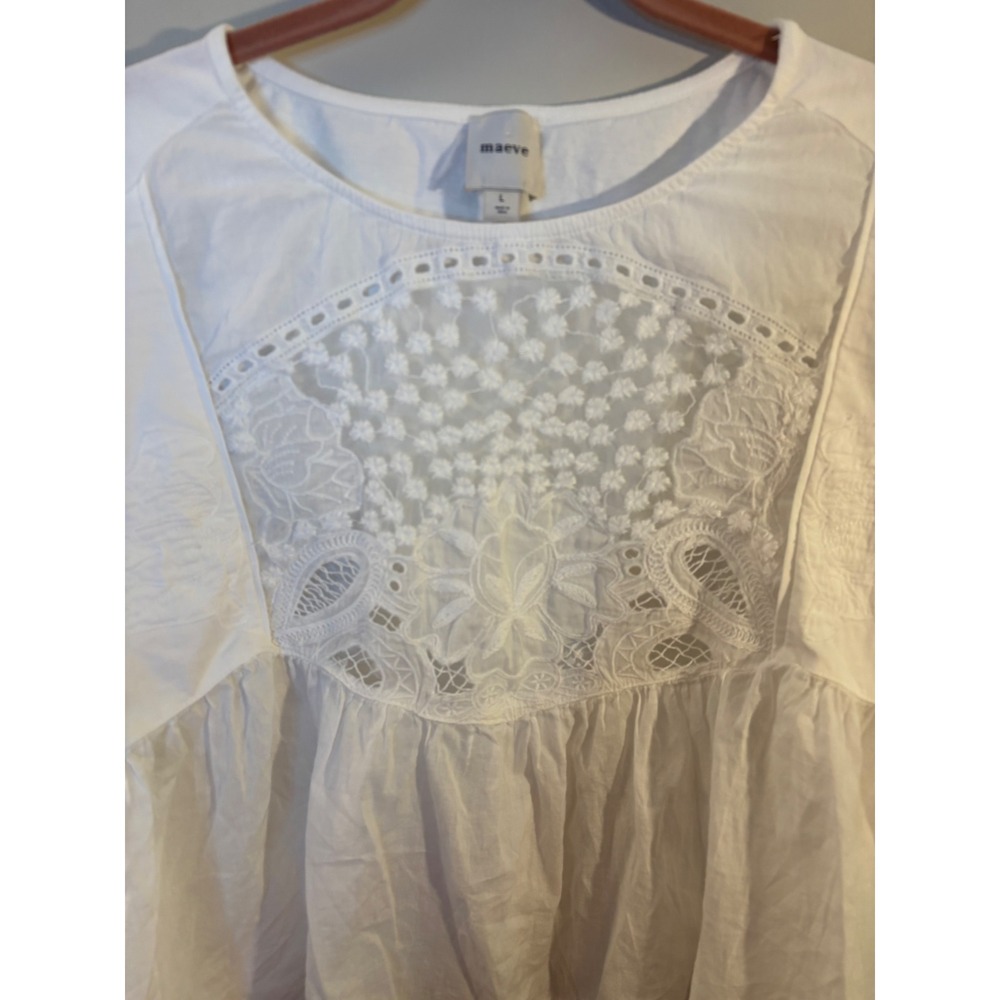Maeve White Short Sleeve Embellished Swing Top L Boxy Boho Anthropologie - Picture 4 of 9